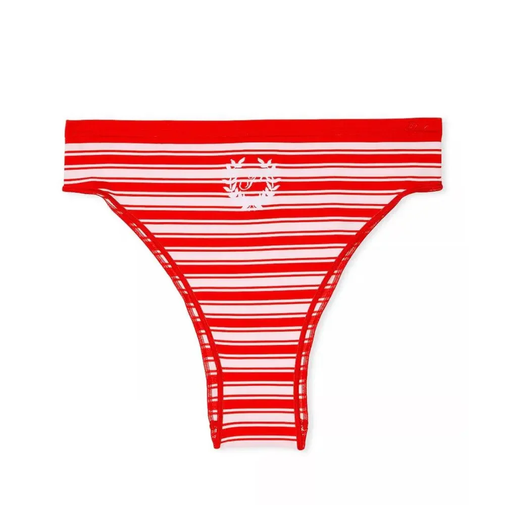 Victoria's Secret Panty Size M Thong String Red Festive Stripe Print Brazilian